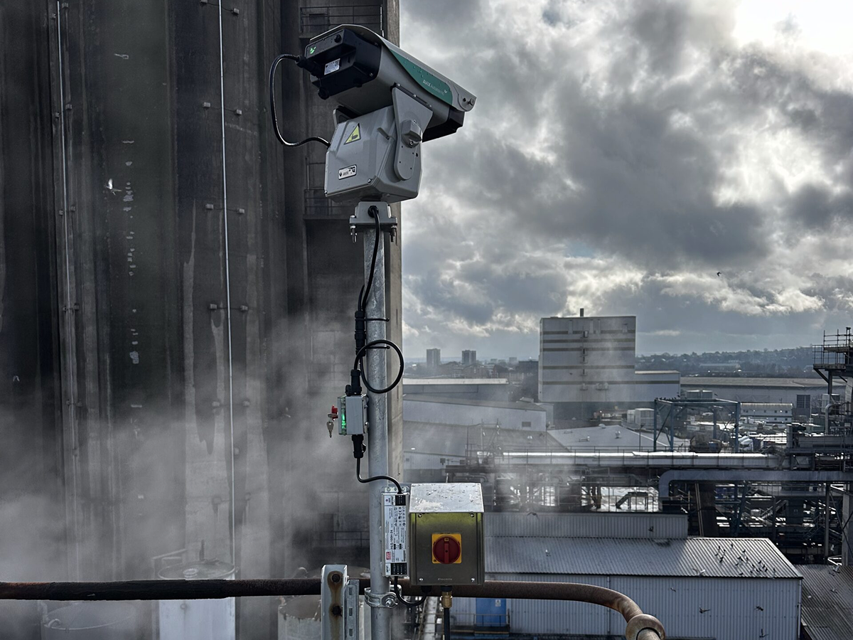 AVIX Autonomic Mark II automated laser bird deterrent system installed at grain processing facility in Dartford
